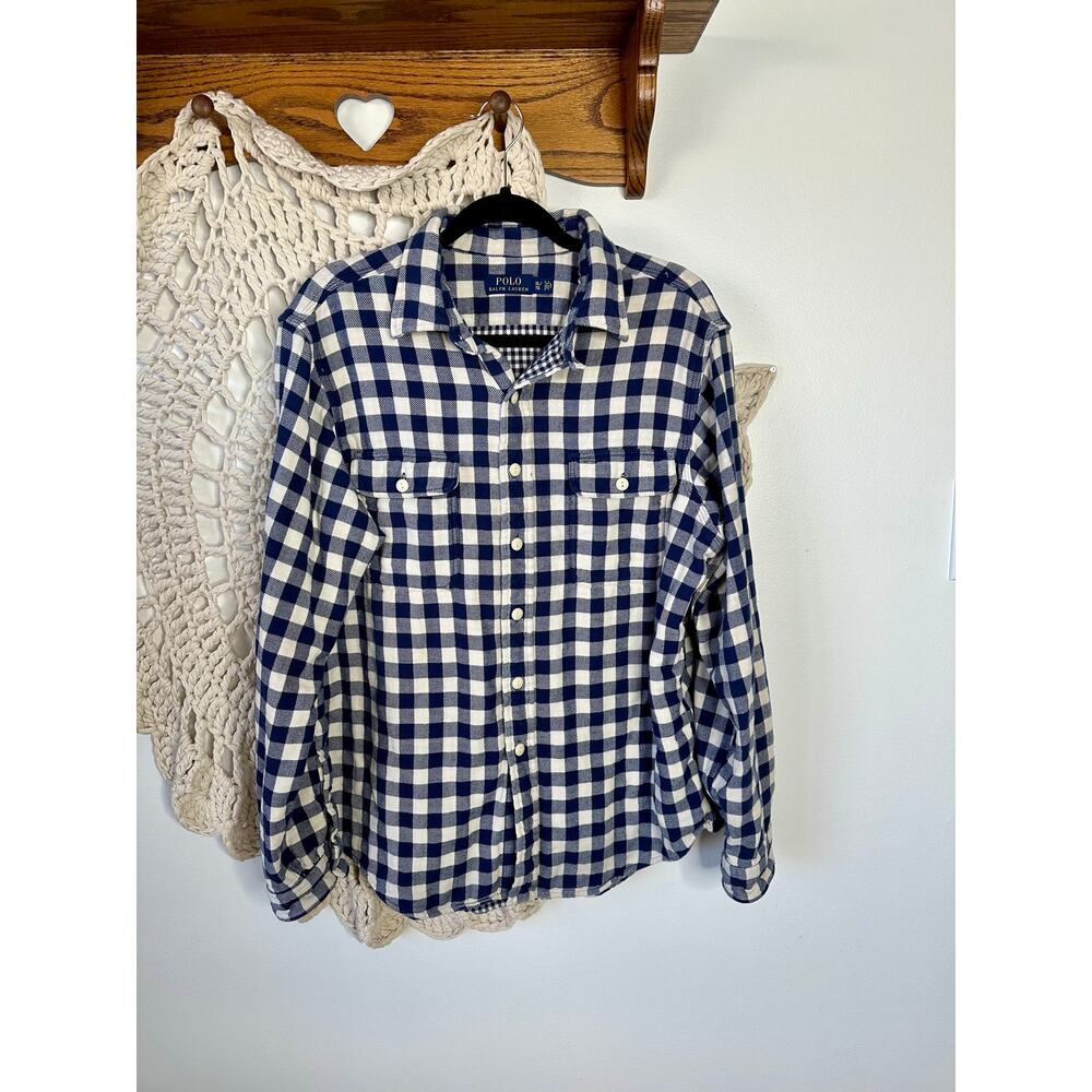 Polo Ralph Lauren Blue White Cotton Flannel Gingham Check Button Up Shirt XL